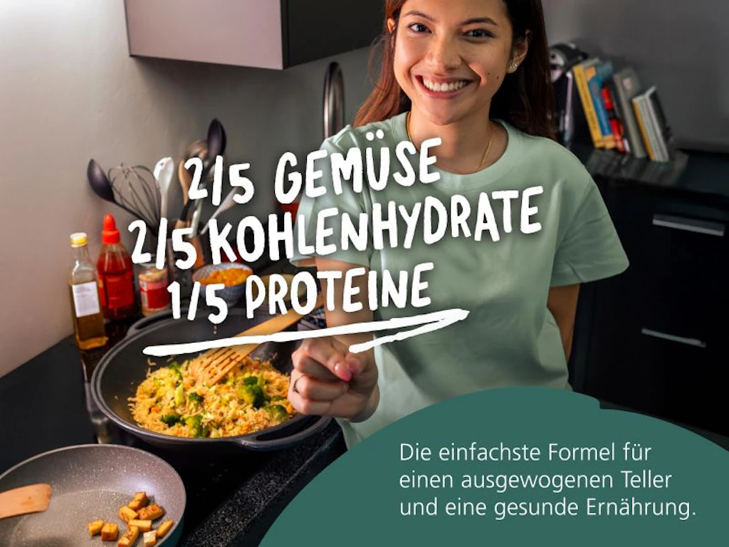 Der ausgewogene Teller: 2/5 Gemüse, 2/5 Kohlenhydraten und 1/5 Proteine. Die einfachste Formel für einen ausgewogenen Teller und eine gesunde Ernährung.