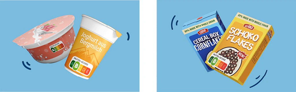 Illustration mit verschiedenen verpackten Lebensmitteln wie Joghurt und Frühstücksflocken, die jeweils ein Nutri-Score-Label tragen, um ihre Nährwertqualität zu zeigen.