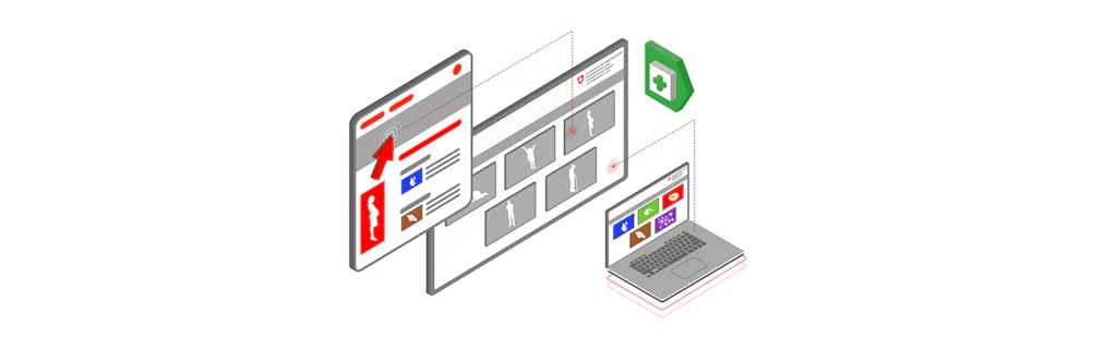 Illustration mehrerer digitaler Oberflächen: ein Tablet mit Navigationselementen, ein grosser Bildschirm mit Bildkacheln, ein Laptop mit farbigen Symbolen sowie ein Dokument mit einem medizinischen Kreuz. Die Elemente sind grafisch miteinander verbunden und stehen für vernetzte Online-Dienste.