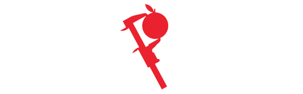 Logo Schweizer Nährwertdatenbank: stilisierter roter Messschieber, der einen Apfel misst.