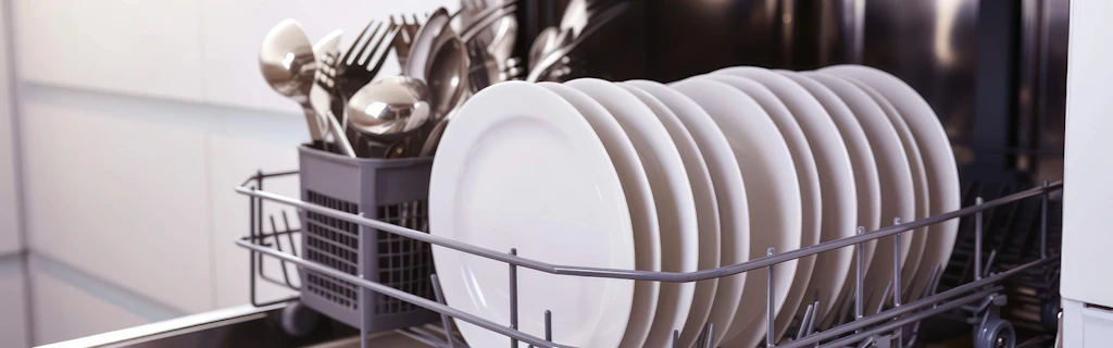 Lave-vaisselle ouvert avec vaisselle propre : assiettes dans le panier inférieur, couverts dans le panier.