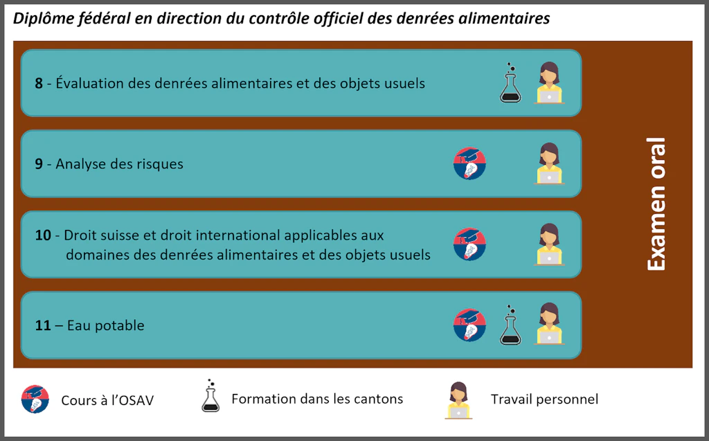 Diplôme fédéral en direction du contrôle officiel des denrées alimentaires : illustration des quatre modules et des études de cas (par écrit).
