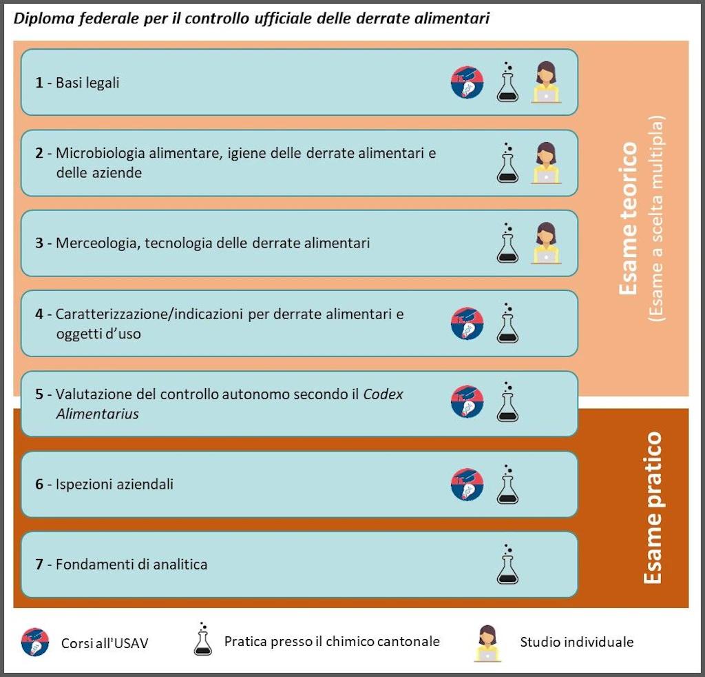 Infografica sul diploma federale per il controllo ufficiale delle derrate alimentari con sette moduli di formazione ed esame teorico e pratico.